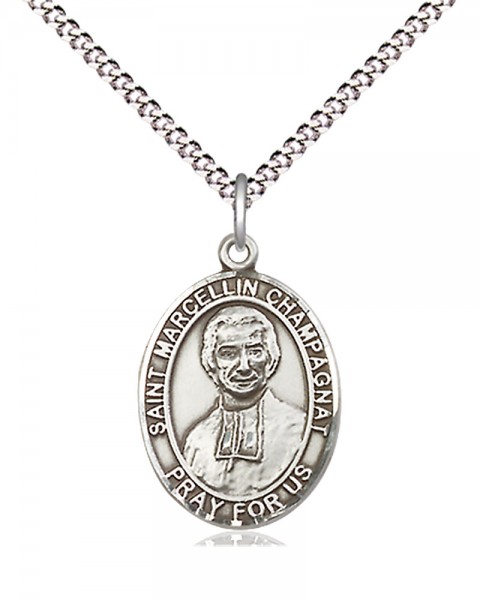 Women's Pewter Oval St. Marcellin Champagnat Medal - 18&quot; Rhodium Plated Medium Chain + Clasp