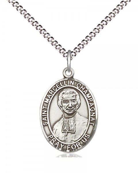 Women's Pewter Oval St. Marcellin Champagnat Medal - 18&quot; Rhodium Plated Heavy Chain + Clasp