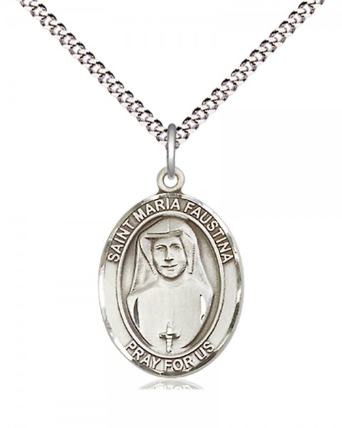 Women's Pewter Oval St. Maria Faustina Medal - 18&quot; Rhodium Plated Medium Chain + Clasp