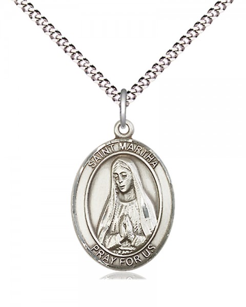 Women's Pewter Oval St. Martha Medal - 18&quot; Rhodium Plated Medium Chain + Clasp