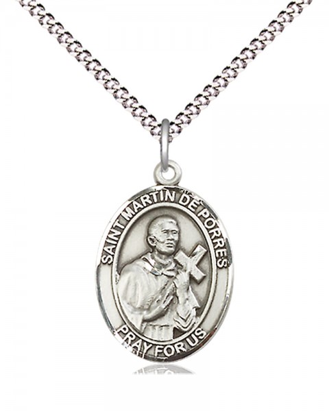 Women's Pewter Oval St. Martin De Porres Medal - 18&quot; Rhodium Plated Medium Chain + Clasp
