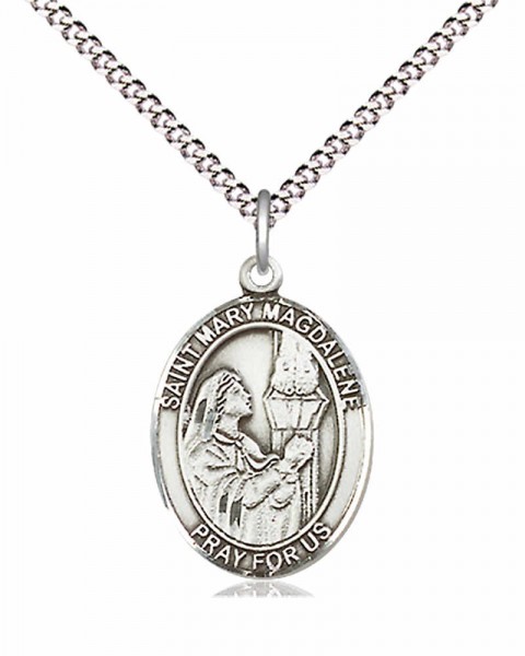 Women's Pewter Oval St. Mary Magdalene Medal - 18&quot; Rhodium Plated Medium Chain + Clasp