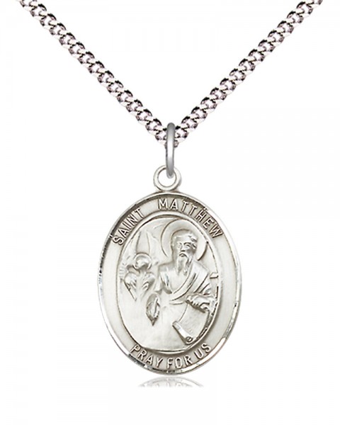 Women's Pewter Oval St. Matthew the Apostle Medal - 18&quot; Rhodium Plated Medium Chain + Clasp