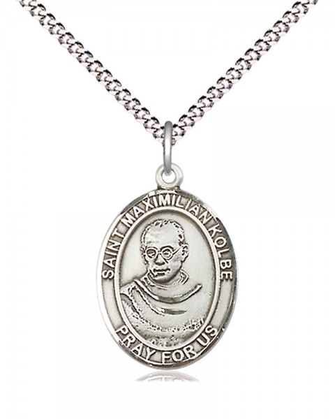 Women's Pewter Oval St. Maximilian Kolbe Medal - 18&quot; Rhodium Plated Medium Chain + Clasp