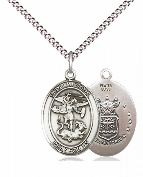 Women's Pewter Oval St. Michael Air Force Medal - 18&quot; Rhodium Plated Medium Chain + Clasp