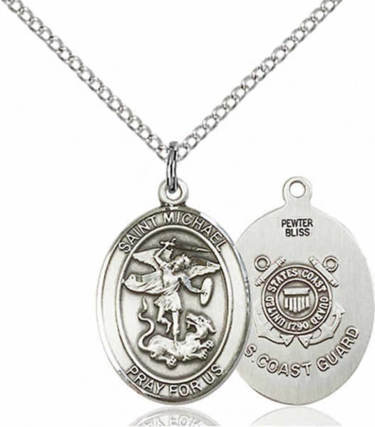 Women's Pewter Oval St. Michael Coast Guard Medal - 18&quot; Rhodium Plated Medium Chain + Clasp