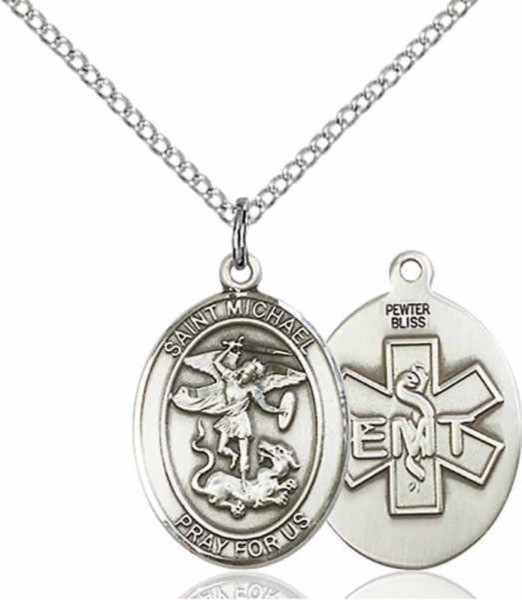 Women's Pewter Oval St. Michael EMT Medal - 18&quot; Rhodium Plated Medium Chain + Clasp