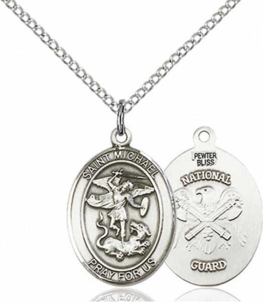 Women's Pewter Oval St. Michael National Guard Medal - 18&quot; Rhodium Plated Medium Chain + Clasp