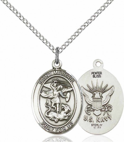 Women's Pewter Oval St. Michael Navy Medal - 18&quot; Rhodium Plated Medium Chain + Clasp