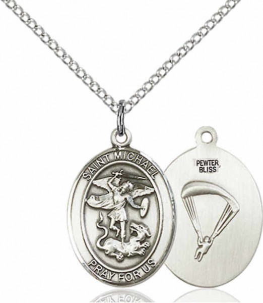 Women's Pewter Oval St. Michael Paratrooper Medal - 18&quot; Rhodium Plated Heavy Chain + Clasp