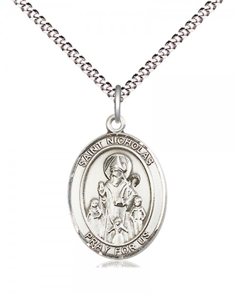 Women's Pewter Oval St. Nicholas Medal - 18&quot; Rhodium Plated Medium Chain + Clasp