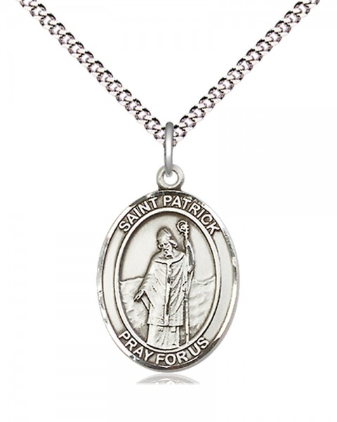 Women's Pewter Oval St. Patrick Medal - 18&quot; Rhodium Plated Heavy Chain + Clasp