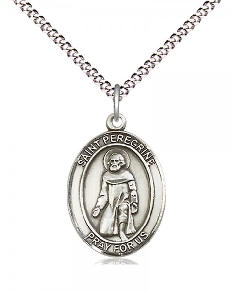 Women's Pewter Oval St. Peregrine Laziosi Medal - 18&quot; Rhodium Plated Medium Chain + Clasp