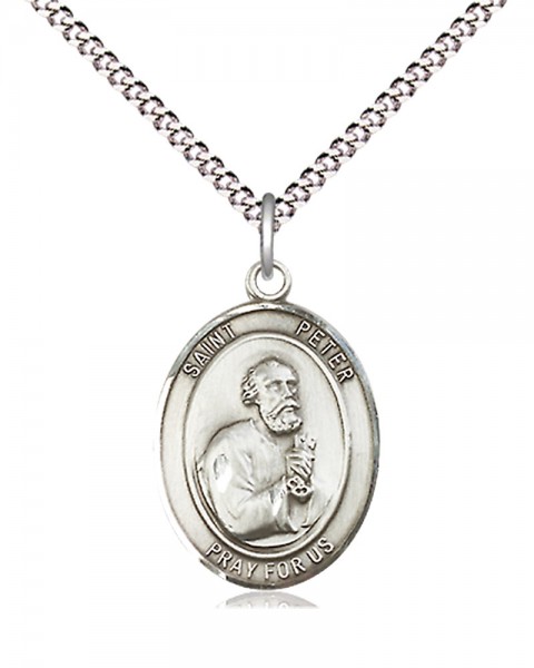 Women's Pewter Oval St. Peter the Apostle Medal - 18&quot; Rhodium Plated Heavy Chain + Clasp
