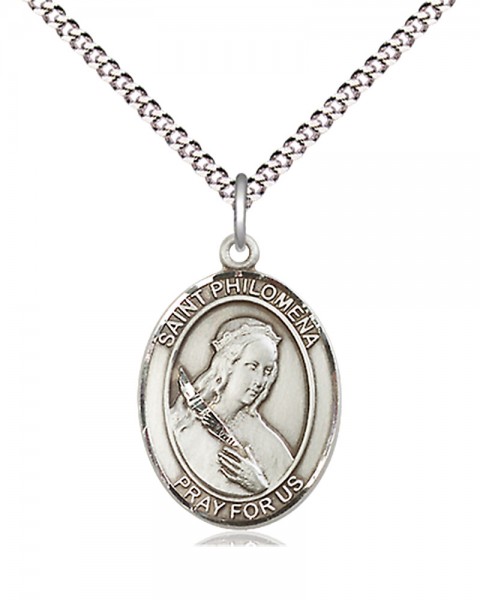 Women's Pewter Oval St. Philomena Medal - 18&quot; Rhodium Plated Medium Chain + Clasp