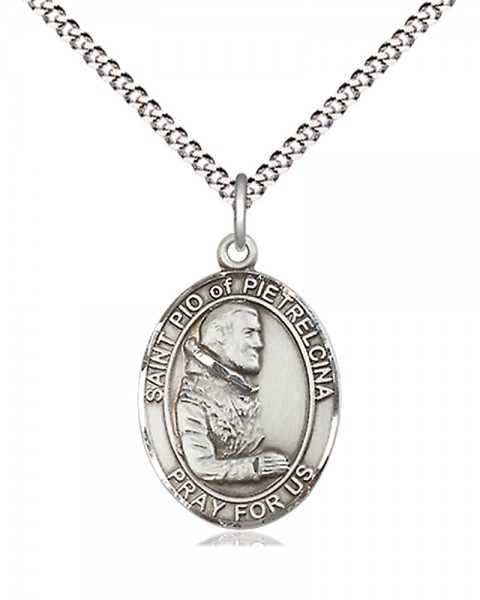Women's Pewter Oval St. Pio of Pietrelcina Medal - 18&quot; Rhodium Plated Medium Chain + Clasp