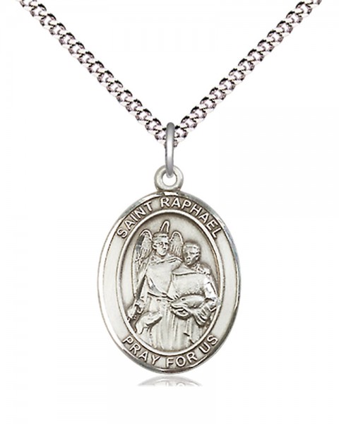 Women's Pewter Oval St. Raphael the Archangel Medal - 18&quot; Rhodium Plated Medium Chain + Clasp