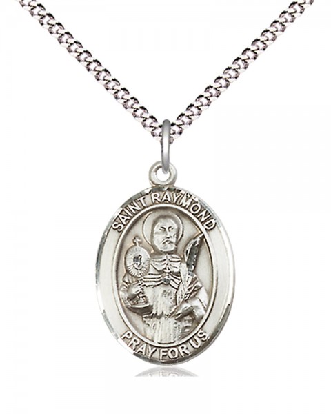 Women's Pewter Oval St. Raymond Nonnatus Medal - 18&quot; Rhodium Plated Heavy Chain + Clasp