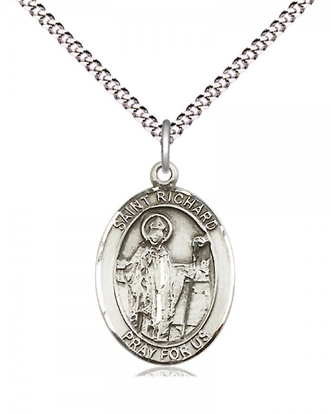 Women's Pewter Oval St. Richard Medal - 18&quot; Rhodium Plated Medium Chain + Clasp