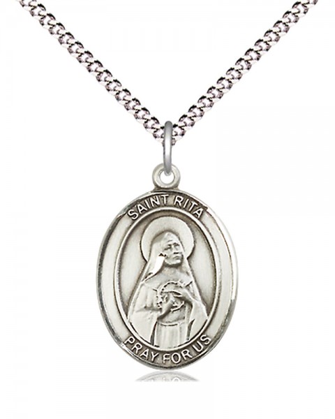 Women's Pewter Oval St. Rita of Cascia Medal - 18&quot; Rhodium Plated Medium Chain + Clasp