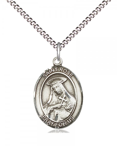 Women's Pewter Oval St. Rose of Lima Medal - 18&quot; Rhodium Plated Medium Chain + Clasp