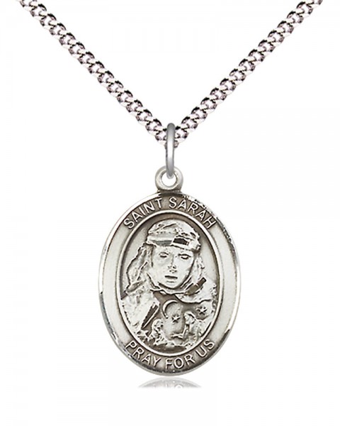 Women's Pewter Oval St. Sarah Medal - 18&quot; Rhodium Plated Heavy Chain + Clasp