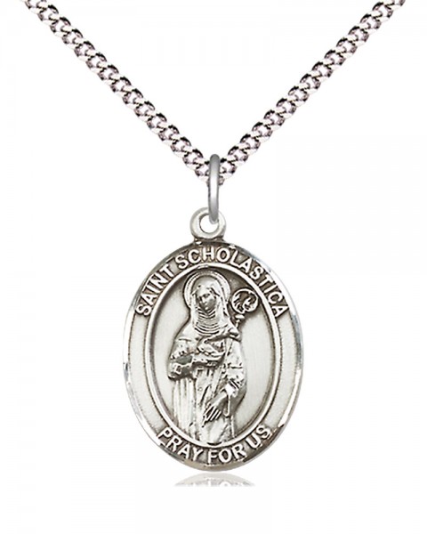 Women's Pewter Oval St. Scholastica Medal - 18&quot; Rhodium Plated Medium Chain + Clasp