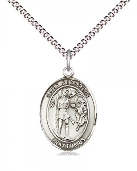 Women's Pewter Oval St. Sebastian Medal - 18&quot; Rhodium Plated Heavy Chain + Clasp