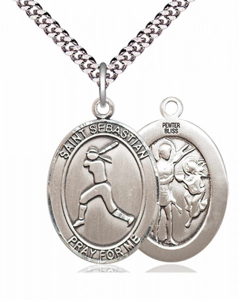 Women's Pewter Oval St. Sebastian Softball Medal - 24&quot; 2.4mm Rhodium Plate Chain + Clasp