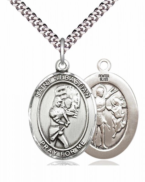 Women's Pewter Oval St. Sebastian Softball Medal - 24&quot; 2.4mm Rhodium Plate Chain + Clasp