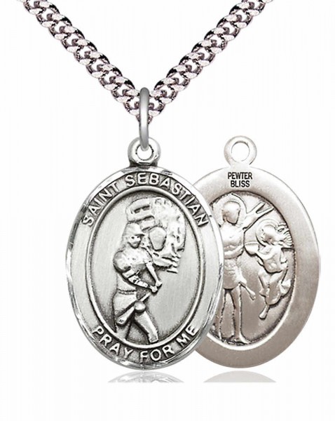 Women's Pewter Oval St. Sebastian Softball Medal - 24&quot; 2.4mm Rhodium Plate Endless Chain