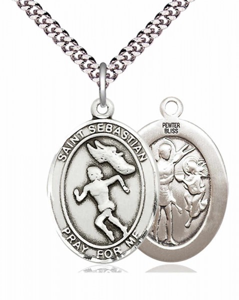 Women's Pewter Oval St. Sebastian Track and Field Medal - 24&quot; 2.4mm Rhodium Plate Chain + Clasp
