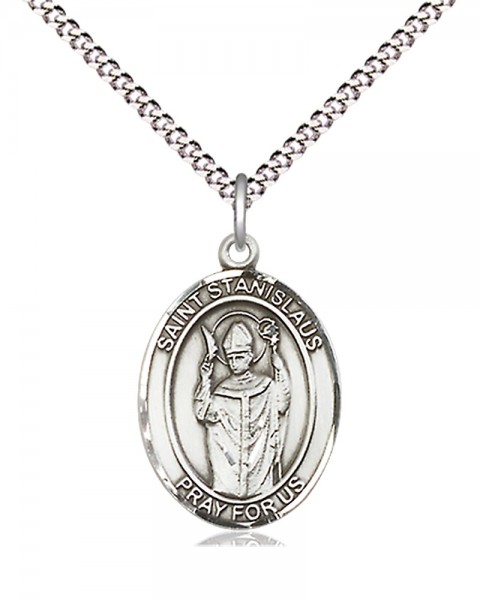 Women's Pewter Oval St. Stanislaus Medal - 18&quot; Rhodium Plated Heavy Chain + Clasp