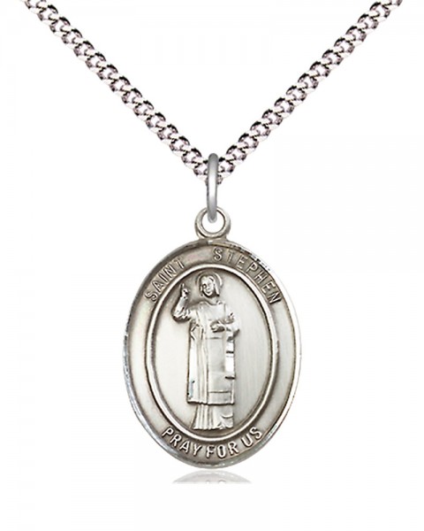 Women's Pewter Oval St. Stephen the Martyr Medal - 18&quot; Rhodium Plated Medium Chain + Clasp