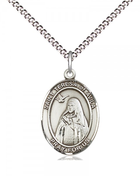 Women's Pewter Oval St. Teresa of Avila Medal - 18&quot; Rhodium Plated Heavy Chain + Clasp