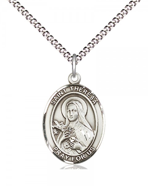 Women's Pewter Oval St. Theresa Medal - 18&quot; Rhodium Plated Medium Chain + Clasp