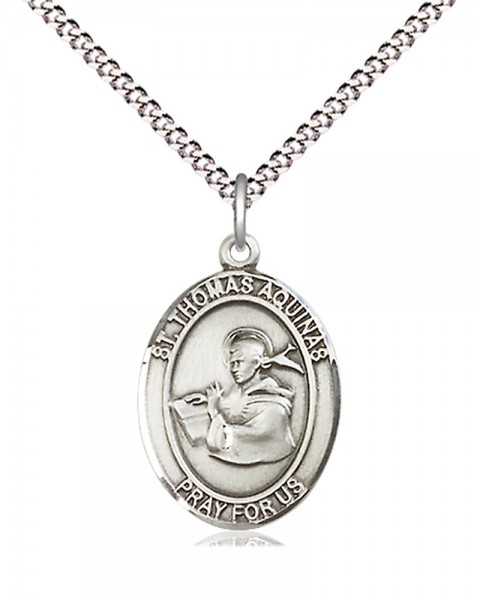 Women's Pewter Oval St. Thomas Aquinas Medal - 18&quot; Rhodium Plated Medium Chain + Clasp