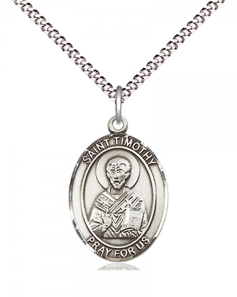 Women's Pewter Oval St. Timothy Medal - 18&quot; Rhodium Plated Medium Chain + Clasp