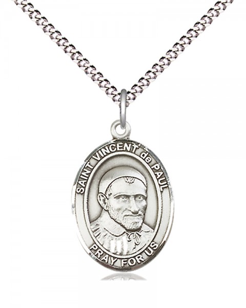 Women's Pewter Oval St. Vincent De Paul Medal - 18&quot; Rhodium Plated Heavy Chain + Clasp