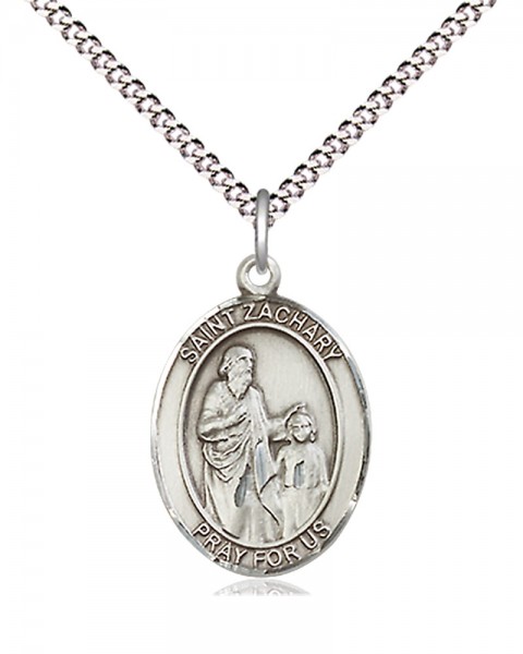 Women's Pewter Oval St. Zachary Medal - 18&quot; Rhodium Plated Heavy Chain + Clasp