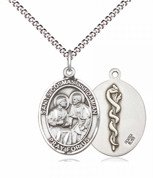 Women's Pewter Oval Sts. Cosmas and Damian Doctors Medal - 18&quot; Rhodium Plated Medium Chain + Clasp