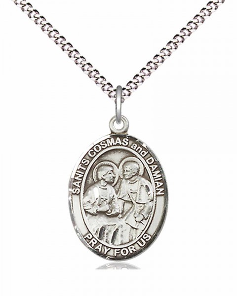 Women's Pewter Oval Sts. Cosmas and Damian Medal - 18&quot; Rhodium Plated Medium Chain + Clasp