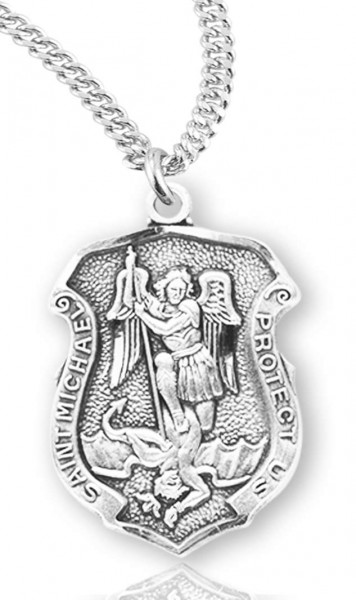 Women's Saint Michael Sterling Silver Police Shield Necklace - 18&quot; 2.2mm Stainless Steel Chain + Clasp