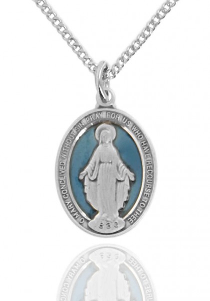 Women's Sterling Silver Oval Blue Enamel Miraculous Medal - 18&quot; 2.1mm Rhodium Plate Chain + Clasp