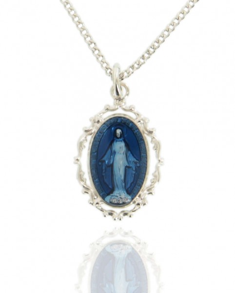 Women's Sterling Silver Oval Dark Blue Enamel Miraculous Medal with Baroque Border - 18&quot; 2.1mm Rhodium Plate Chain + Clasp