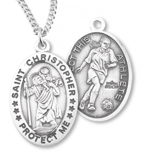 Women's Sterling Silver Saint Christopher Soccer Oval Necklace - 18&quot; 1.8mm Sterling Silver Chain + Clasp