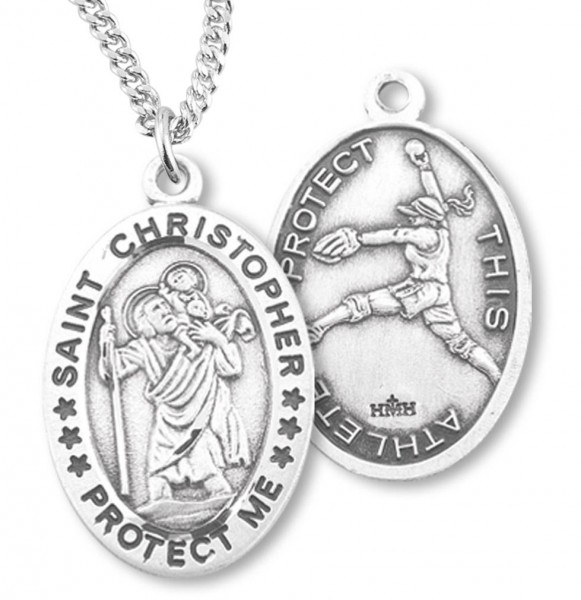 Women's Sterling Silver Saint Christopher Softball Oval Necklace - 18&quot; 1.8mm Sterling Silver Chain + Clasp