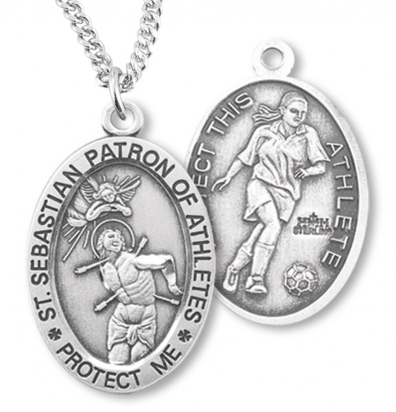 Women's Sterling Silver Saint Sebastian Soccer Oval Necklace - 18&quot; 1.8mm Sterling Silver Chain + Clasp