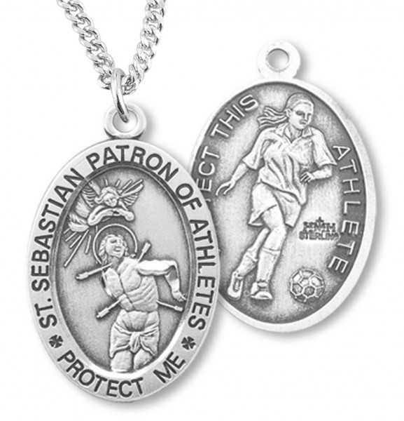 Women's Sterling Silver Saint Sebastian Soccer Oval Necklace - 18&quot; 2.2mm Stainless Steel Chain + Clasp