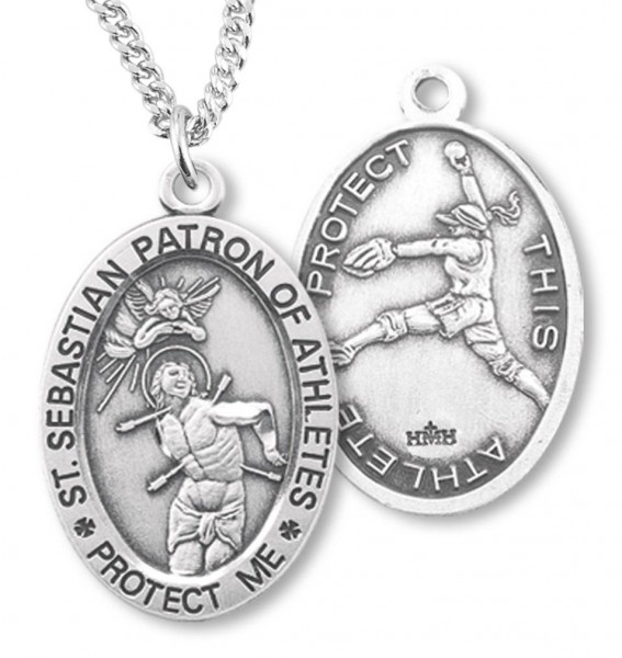 Women's Sterling Silver Saint Sebastian Softball Oval Necklace - 20&quot; 1.8mm Sterling Silver Chain + Clasp